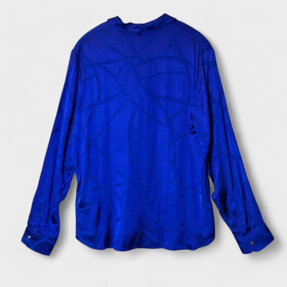 Ralph Lauren Satin Belting-Motif Jacquard Tie-Neck Shirt L Sapphire Star NWT - Picture 2 of 9